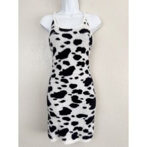 LA Hearts Cow Print Fuzzy Knit Mini Dress Black White Small Sleeveless Bodycon S